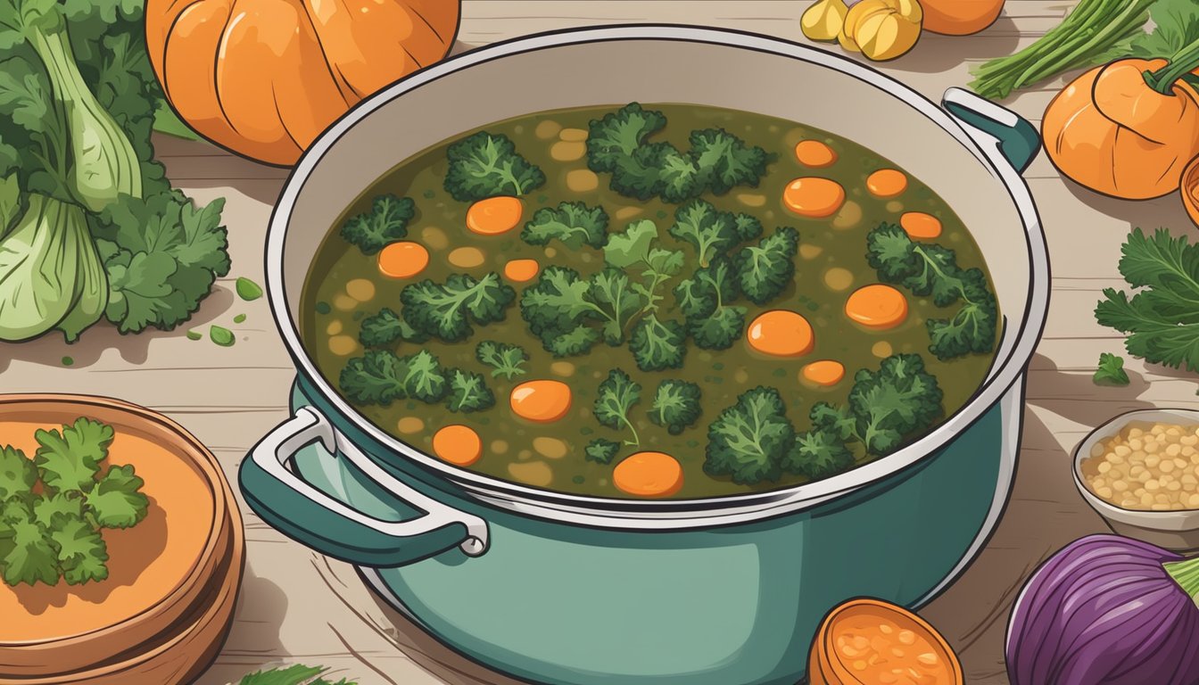 A pot of lentil soup with kale simmering on a stove, surrounded by fresh vegetables and herbs