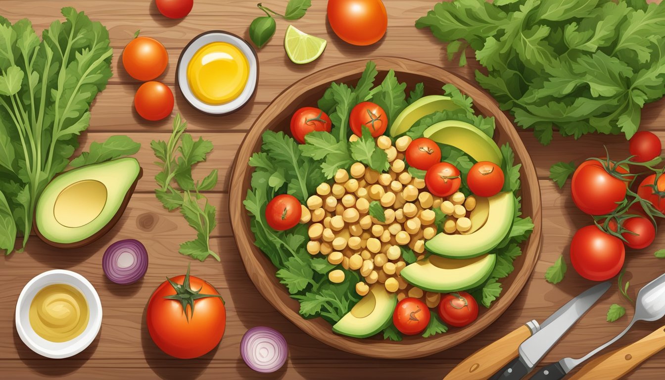 A colorful bowl filled with chickpea salad and sliced avocado on a wooden cutting board, surrounded by fresh ingredients like cherry tomatoes and leafy greens