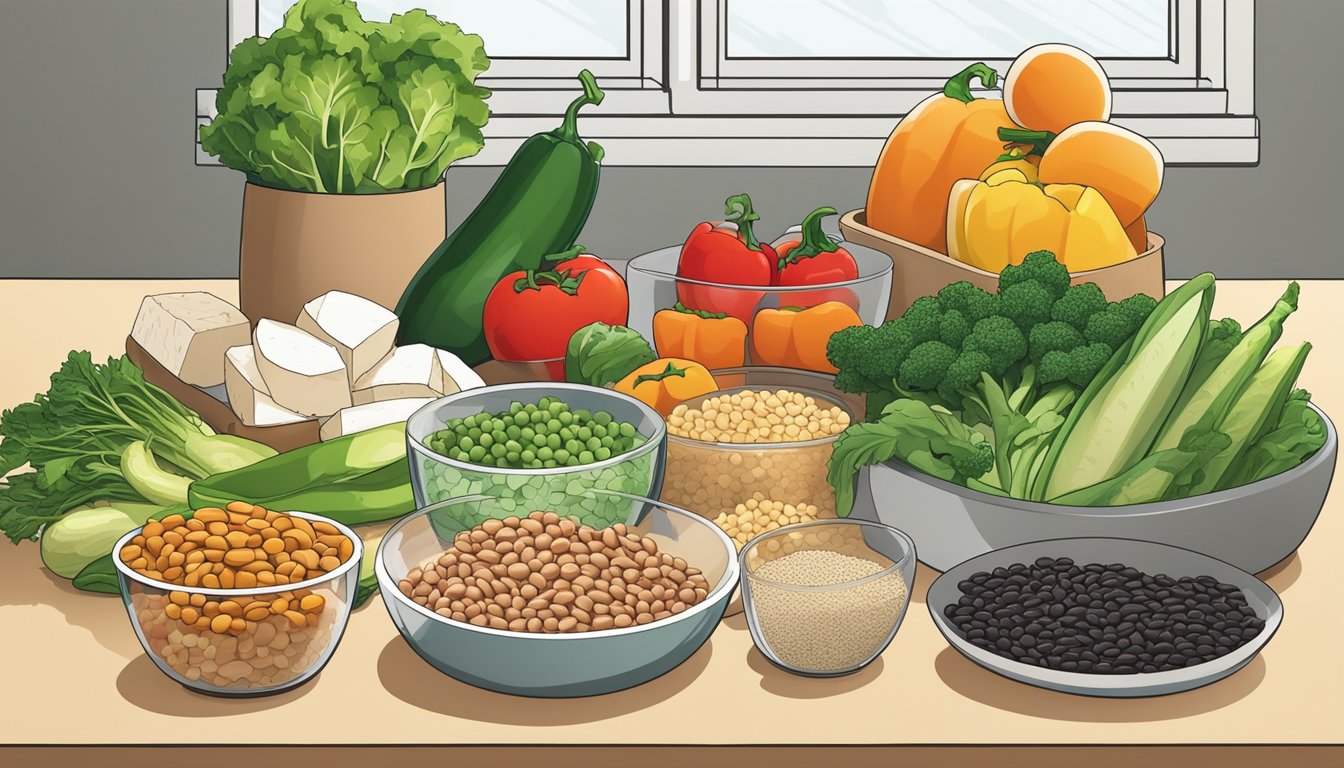 A colorful array of fresh vegetables, grains, beans, and tofu arranged on a clean kitchen counter, ready for vegetarian meal prep