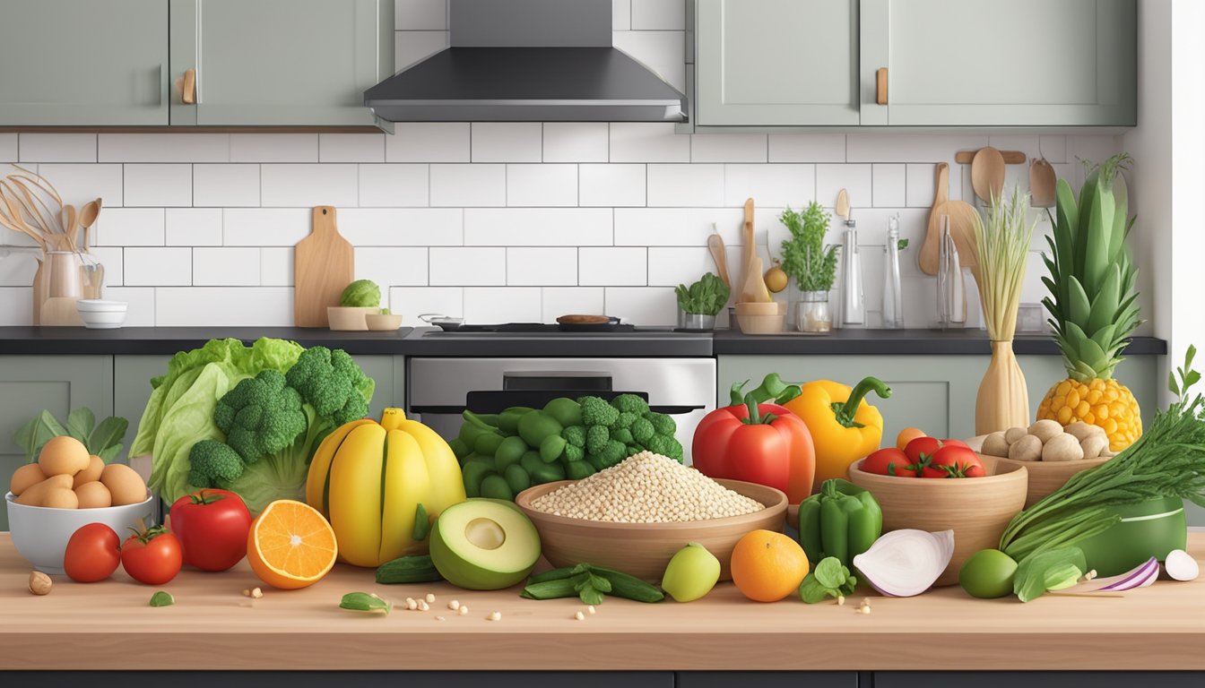 Fresh ingredients arranged on a clean kitchen counter, with colorful fruits and vegetables, grains, and proteins ready for meal prep