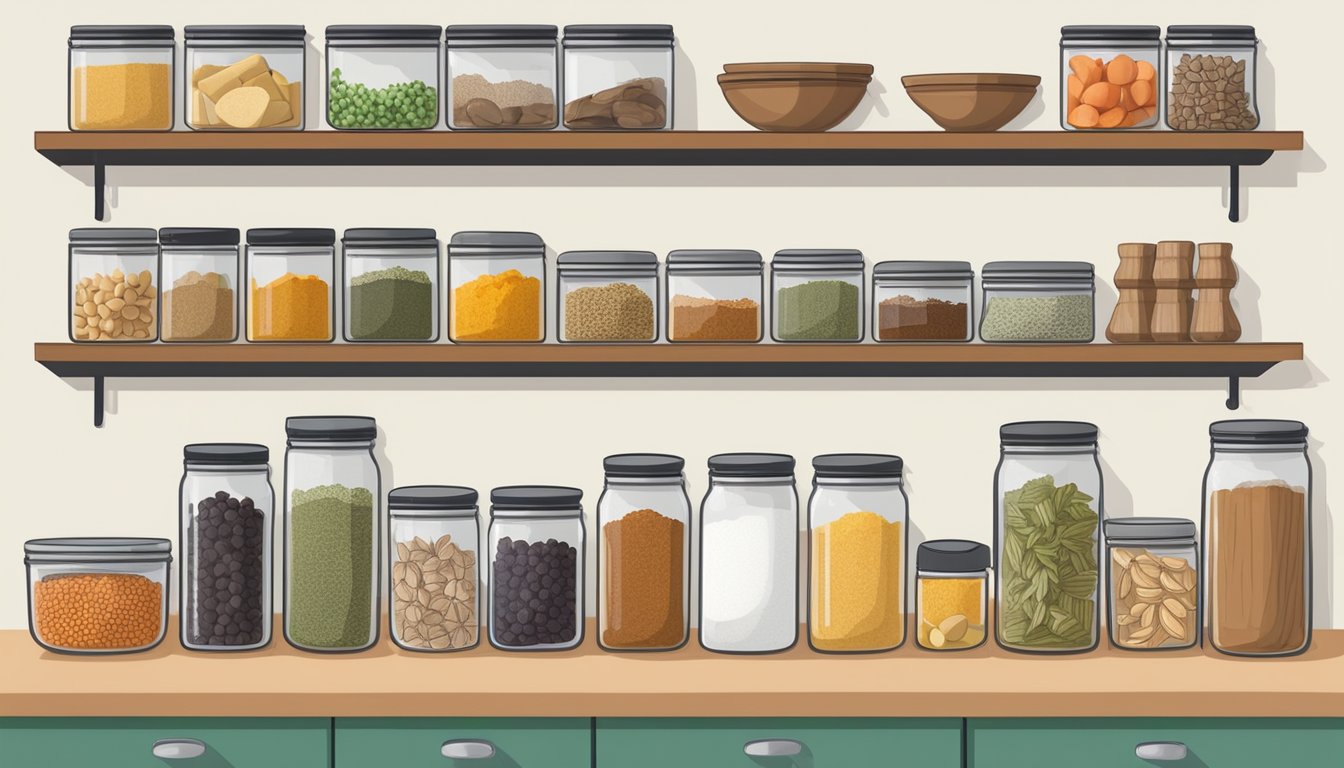 A kitchen counter with neatly arranged containers of prepped food, labeled jars of spices, and a hanging wall organizer for cooking utensils