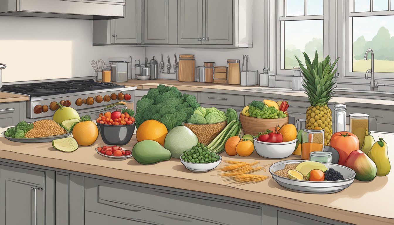 A kitchen counter with various fresh fruits, vegetables, lean proteins, and whole grains laid out for meal prepping