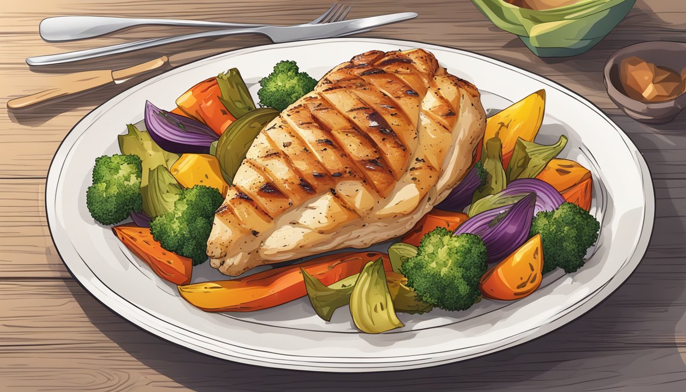 A sizzling grilled chicken breast surrounded by colorful roasted vegetables on a clean white plate