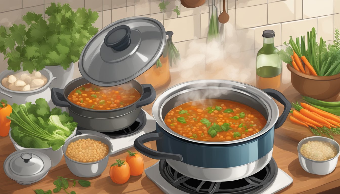 A steaming pot of beef and lentil soup simmers on a stove, surrounded by fresh vegetables and herbs