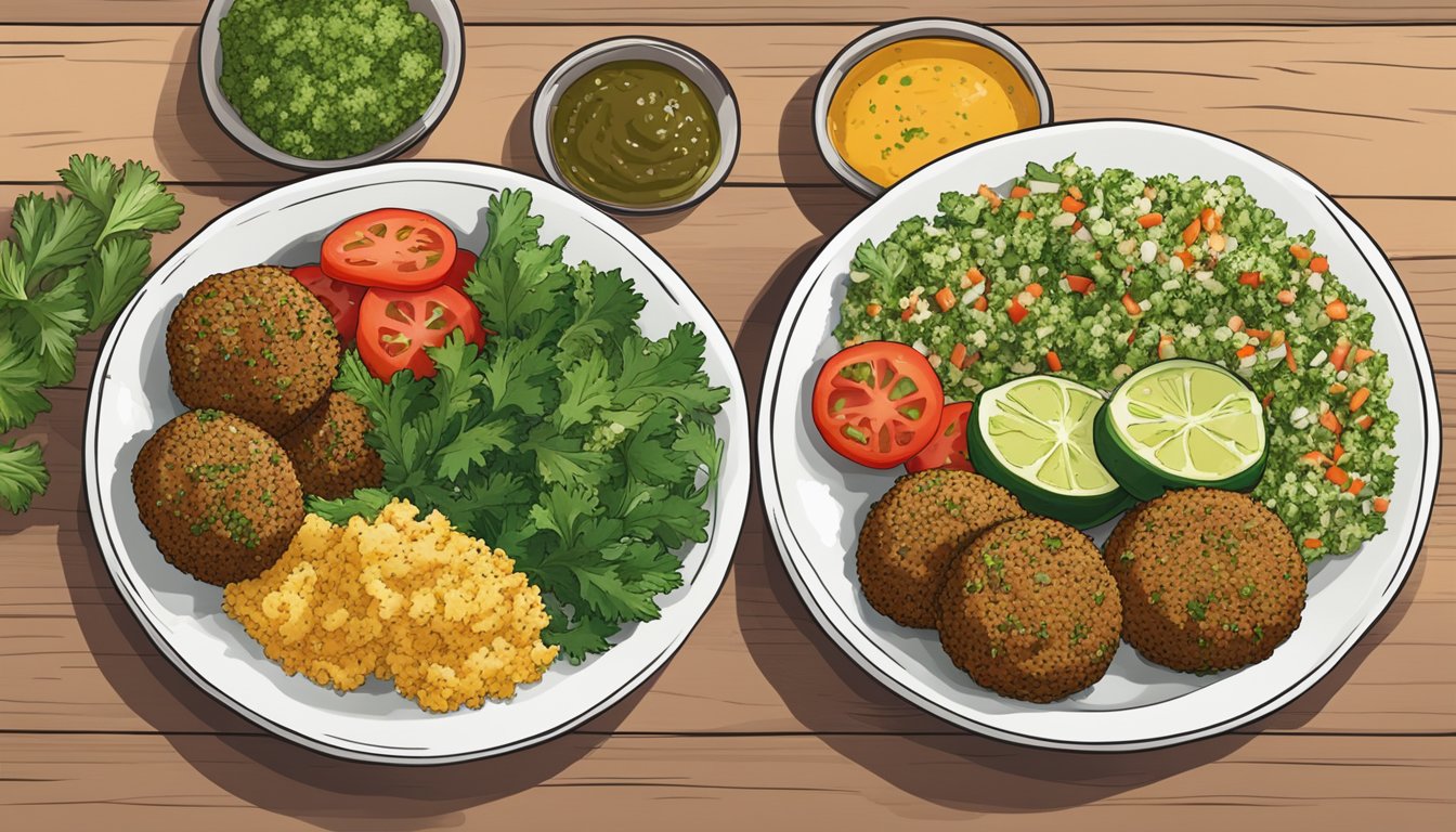 A colorful plate with baked falafel, tabbouleh, and fresh vegetables arranged in an appetizing and healthy meal prep display