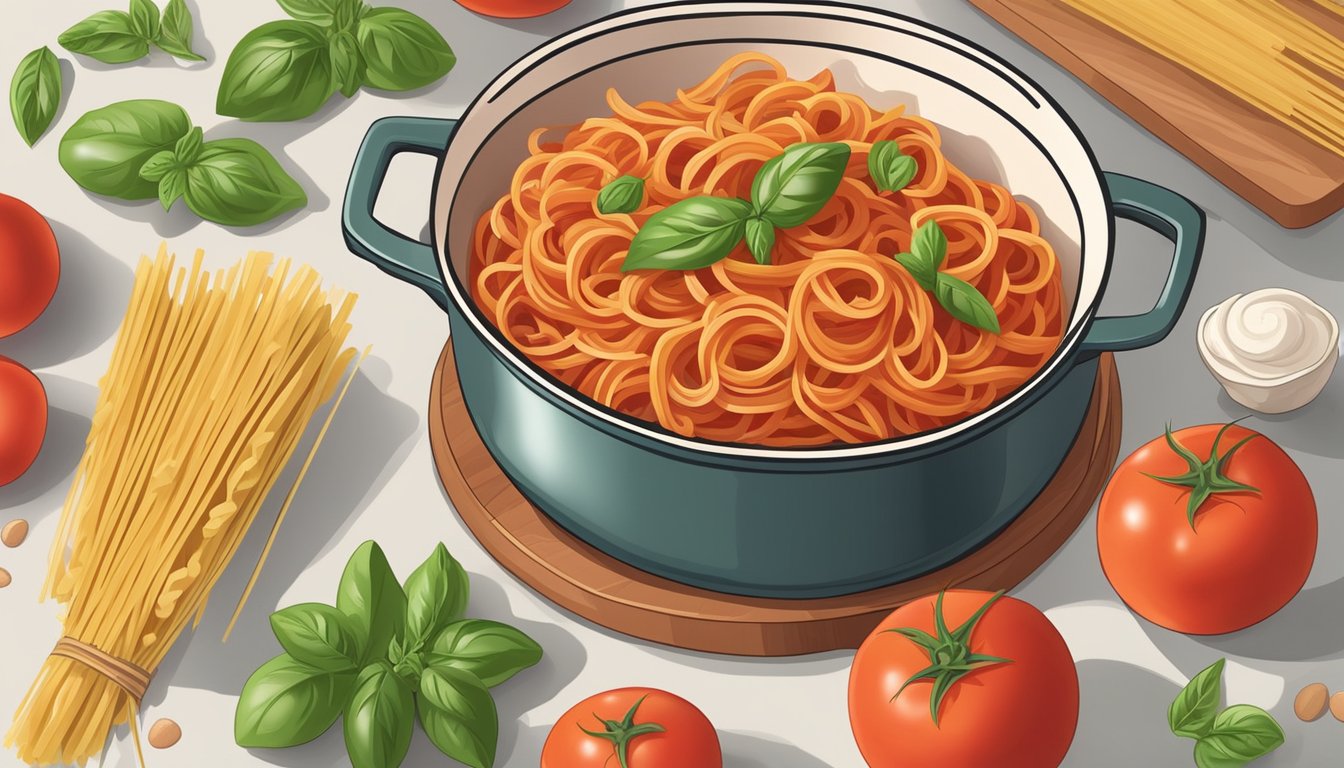 A pot of whole wheat pasta simmering in marinara sauce on a stovetop, surrounded by fresh ingredients like tomatoes, basil, and garlic