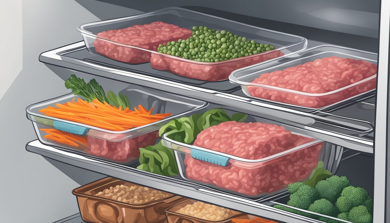 Ground beef in airtight containers, organized in a refrigerator. Other ingredients like vegetables and seasonings nearby for meal prep