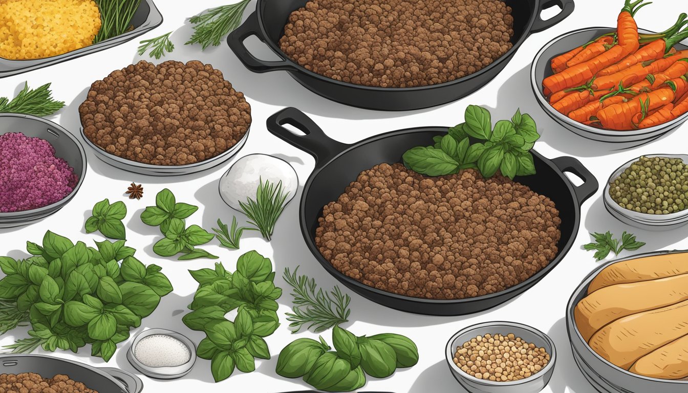 A colorful array of fresh herbs, spices, and seasoning blends surround a sizzling skillet of ground beef, ready to be transformed into delicious meal prep creations