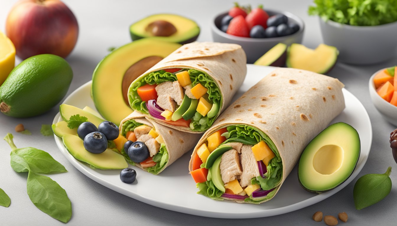 A colorful turkey and avocado wrap with whole wheat tortilla surrounded by fresh vegetables and fruits on a clean, white plate