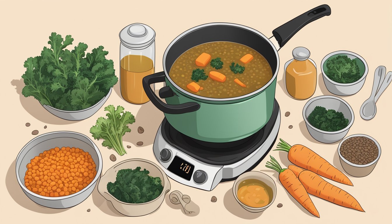 A pot of lentil soup simmering on the stove, filled with vibrant orange carrots and dark green kale, surrounded by fresh ingredients and meal prep containers