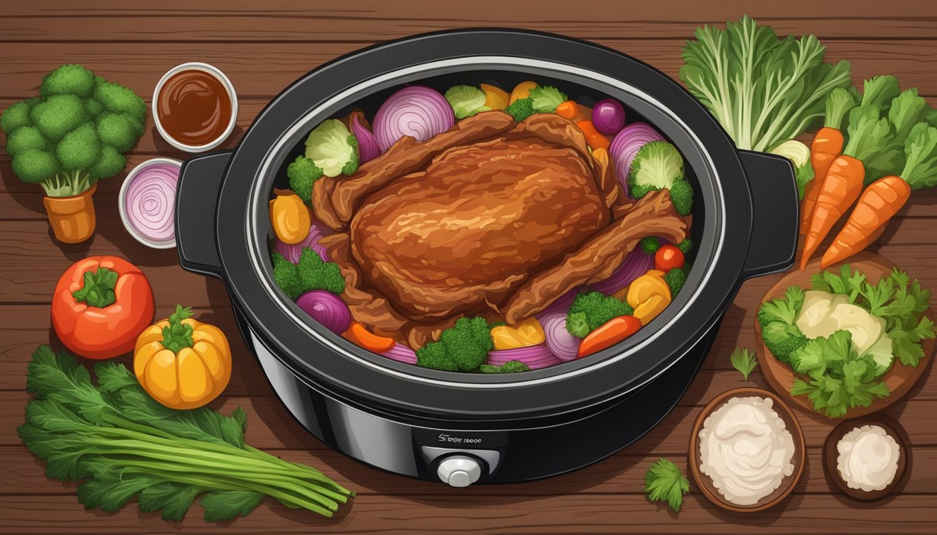 A slow cooker filled with tender pulled pork coated in rich barbecue sauce, surrounded by vibrant vegetables and herbs on a rustic wooden table