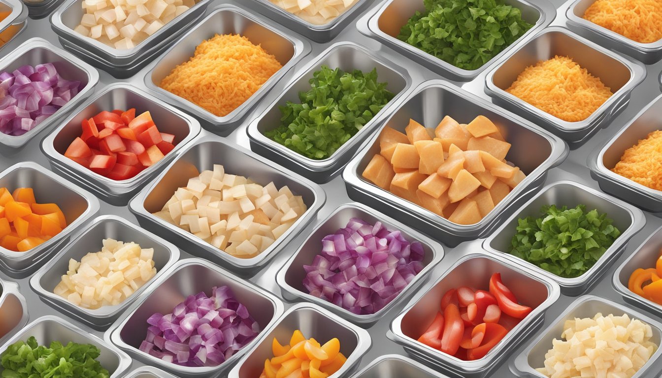 A colorful array of diced chicken, peppers, onions, and seasoning, neatly portioned and stored in freezer-safe containers