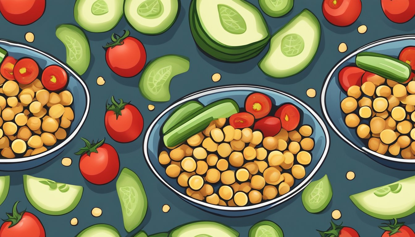 A colorful bowl filled with chickpeas, sliced cucumber, and halved cherry tomatoes, arranged in an appealing pattern