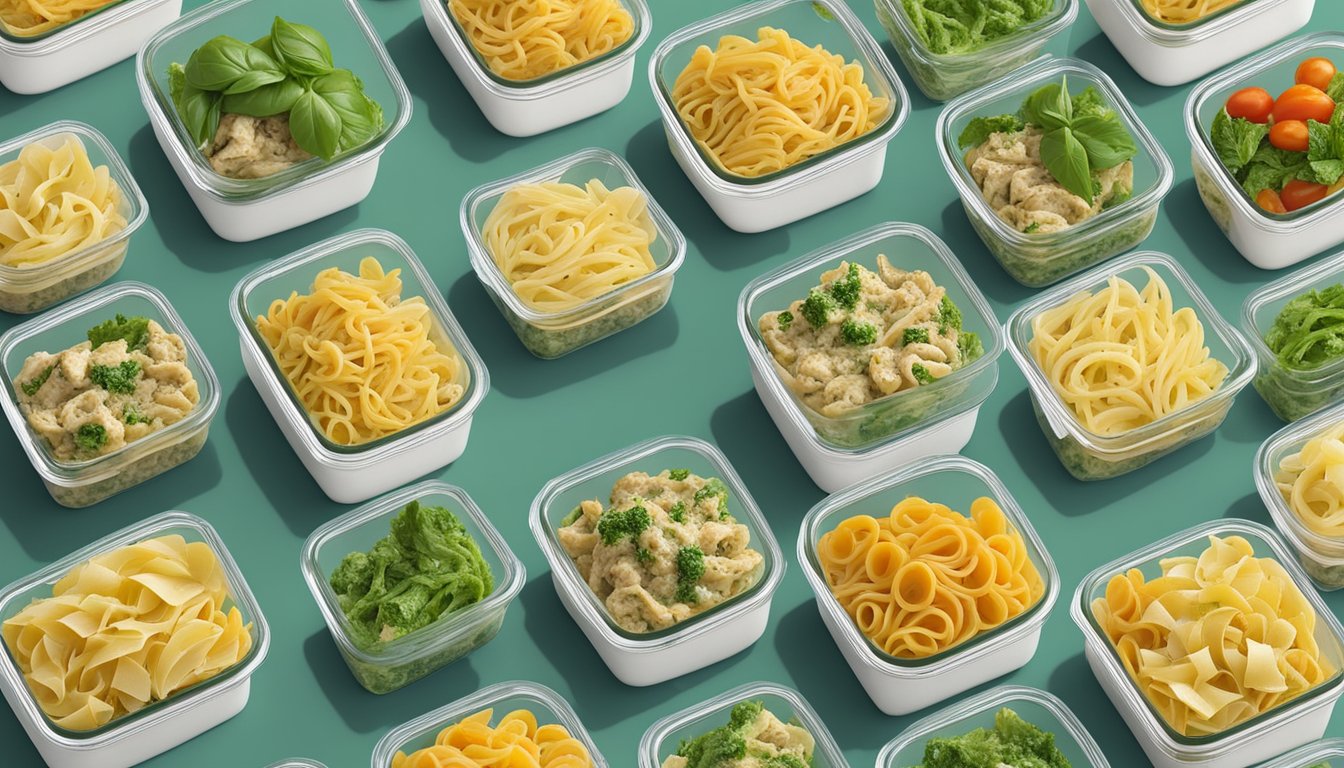 A colorful array of pre-portioned pesto chicken pasta meals arranged in freezer-safe containers with fresh ingredients in the background