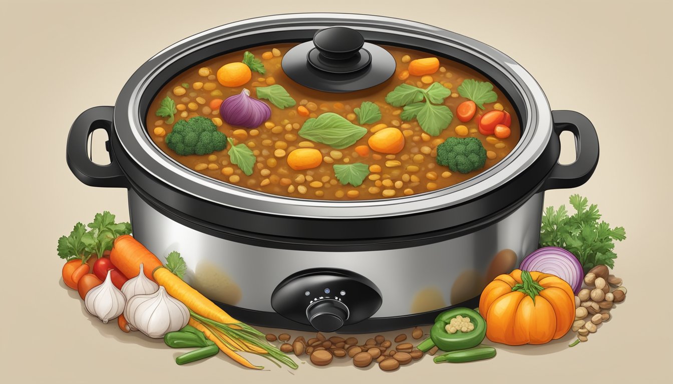 A slow cooker surrounded by fresh vegetables, lentils, and aromatic spices, with steam rising from the bubbling curry