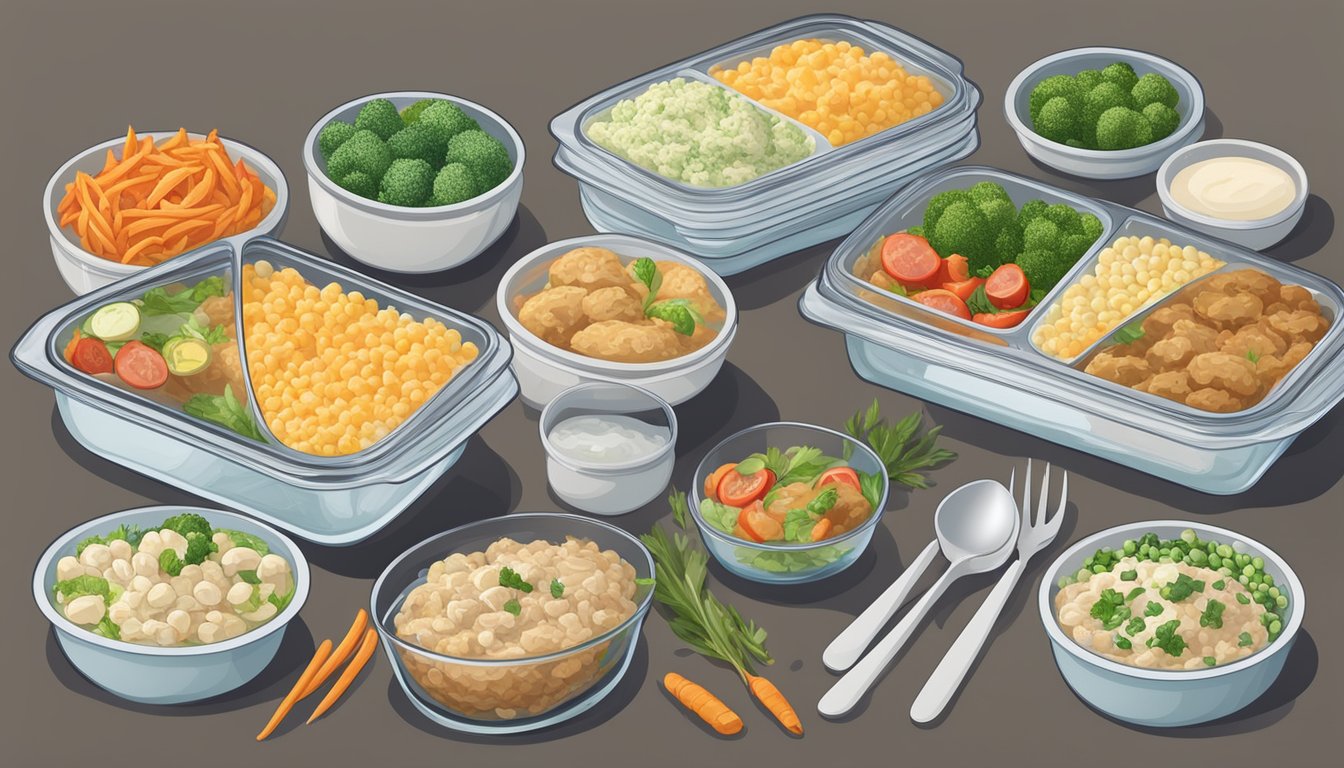 A variety of pre-portioned, homemade frozen meals neatly arranged in labeled containers, surrounded by fresh ingredients and cooking utensils