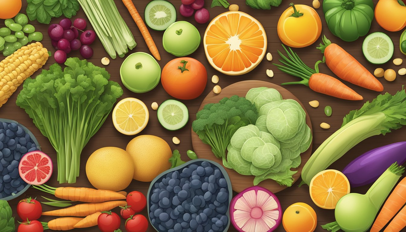 A colorful array of fresh fruits and vegetables arranged on a cutting board, with a variety of lean proteins and whole grains in the background