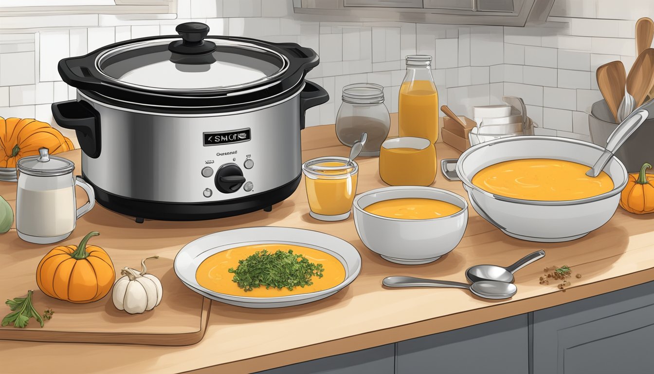 A slow cooker sits on a kitchen counter, filled with creamy pumpkin soup. Chopped ginger, spices, and a ladle are nearby