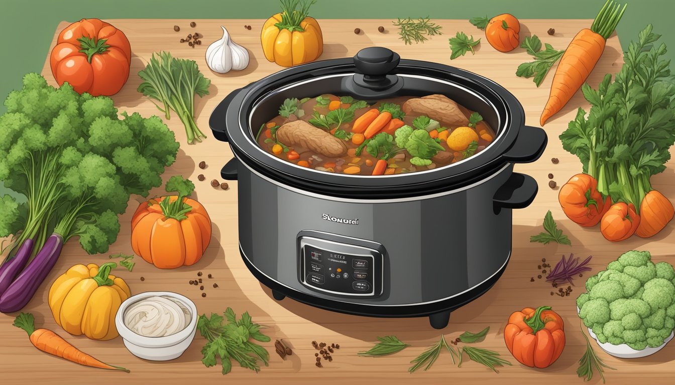 A slow cooker surrounded by fresh vegetables, herbs, and spices, with steam rising from a hearty stew simmering inside