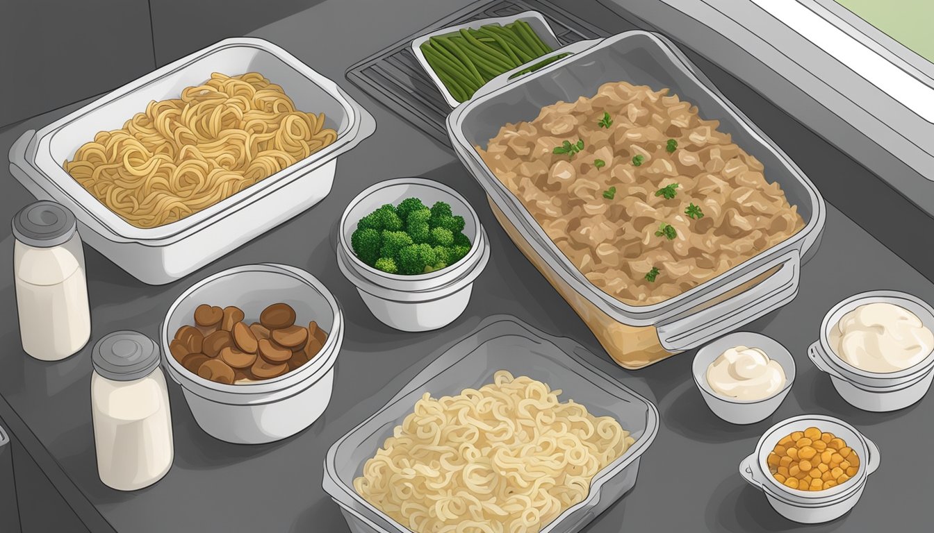 A kitchen counter with ingredients for Beef Stroganoff Casserole, including beef, mushrooms, sour cream, and noodles, next to a stack of freezer-safe containers for meal prep