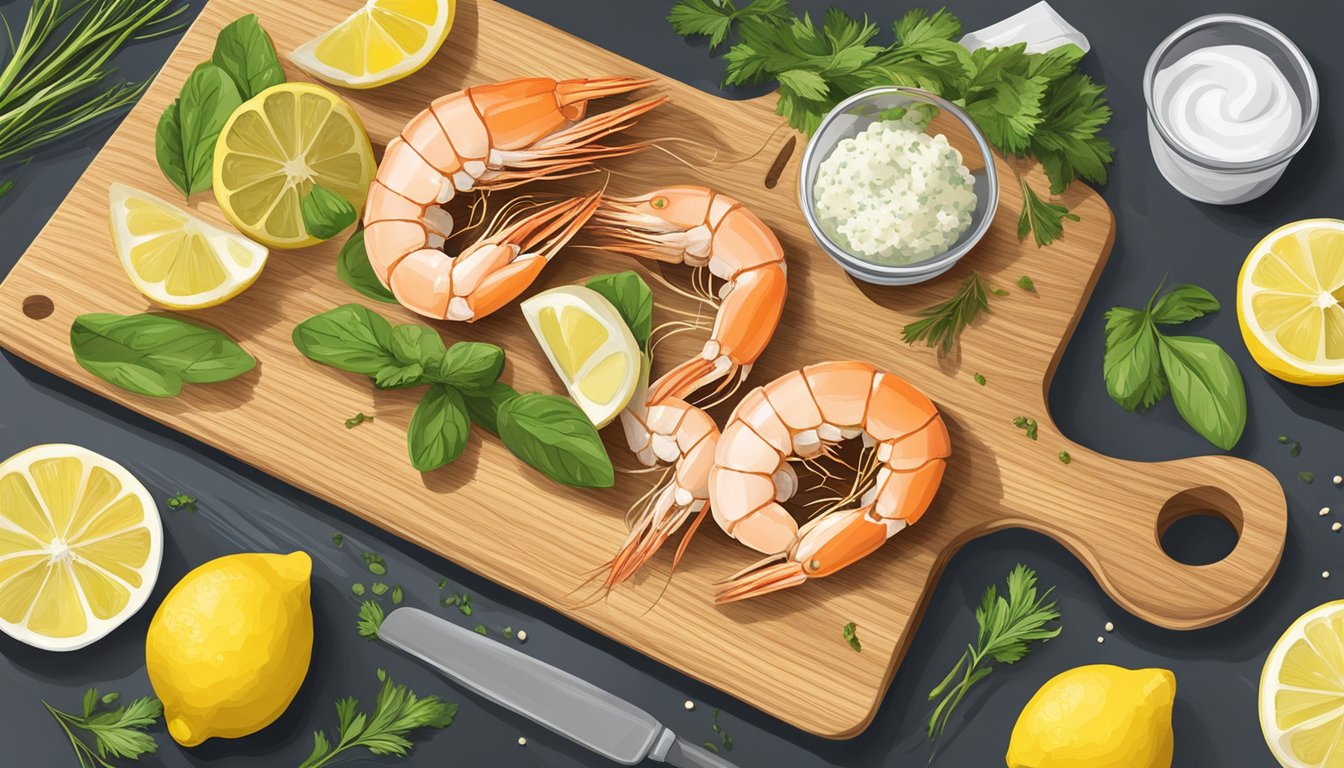 A cutting board with fresh shrimp, lemons, herbs, garlic, and a stick of butter next to containers for meal prepping