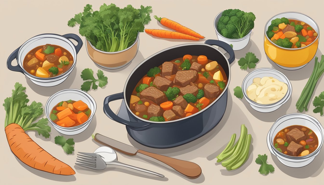 A pot of simmering beef and vegetable stew surrounded by fresh ingredients and meal prep containers