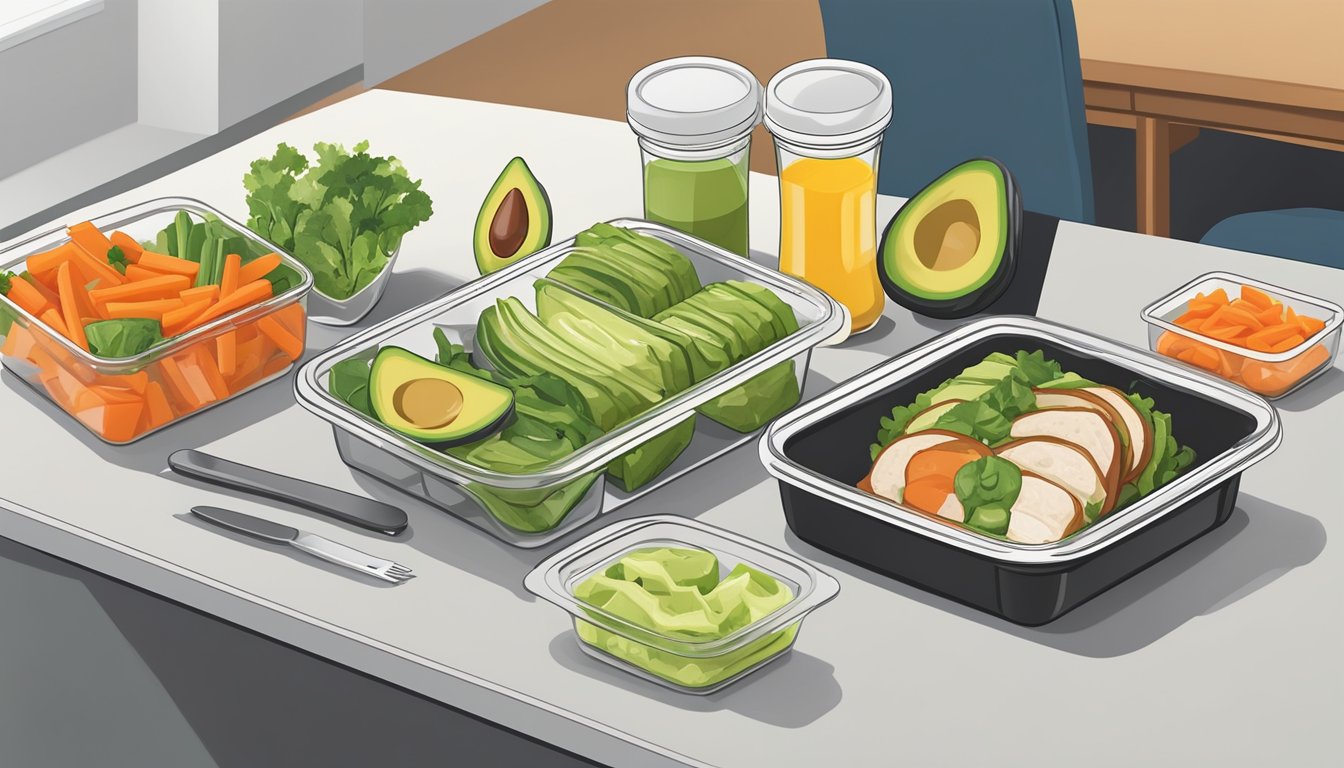 A neatly arranged meal prep container with a turkey avocado wrap, a side of fresh vegetables, and a small container of vinaigrette dressing, all placed on a clean, organized desk in a professional office setting