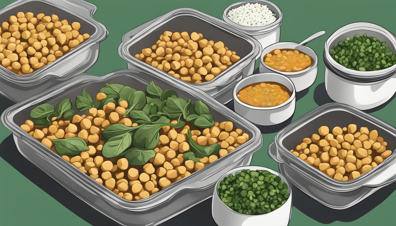 A steaming pot of chickpea and spinach stew surrounded by neatly arranged meal prep containers