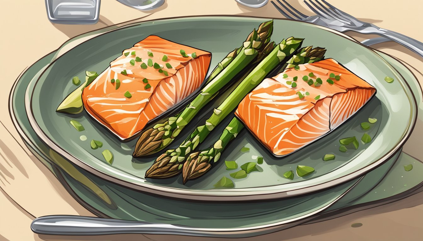 A plate of baked salmon and asparagus with portioned containers