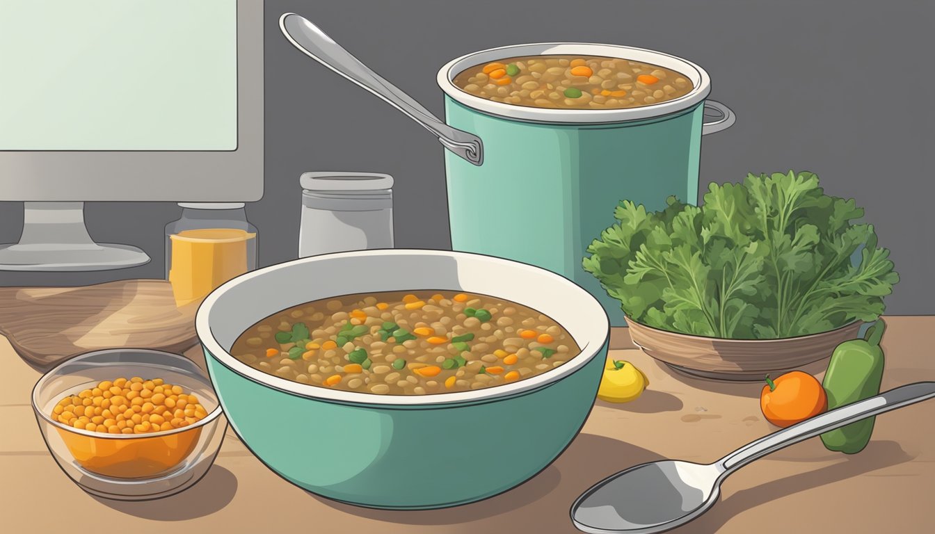 A bowl of lentil soup with colorful vegetables sits on a desk next to a stack of Tupperware containers. A spoon rests on the side of the bowl