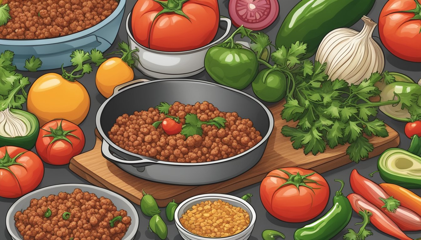 A colorful array of fresh ingredients - tomatoes, onions, cilantro, and jalapenos - surround a sizzling pan of ground turkey, ready to be transformed into delicious tacos