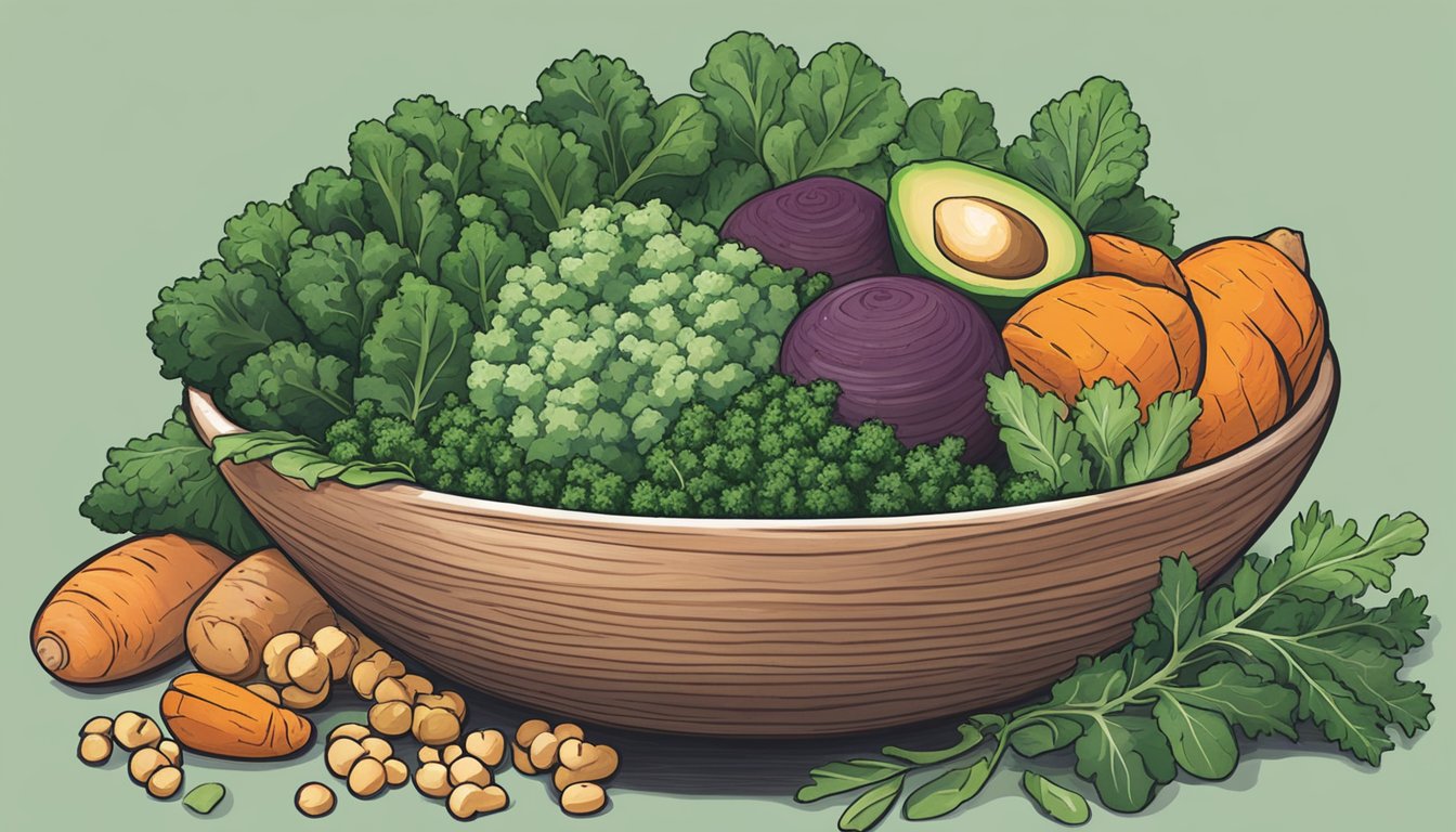 A colorful array of kale, sweet potatoes, quinoa, and chickpeas arranged in a bowl, surrounded by fresh herbs and sliced avocado