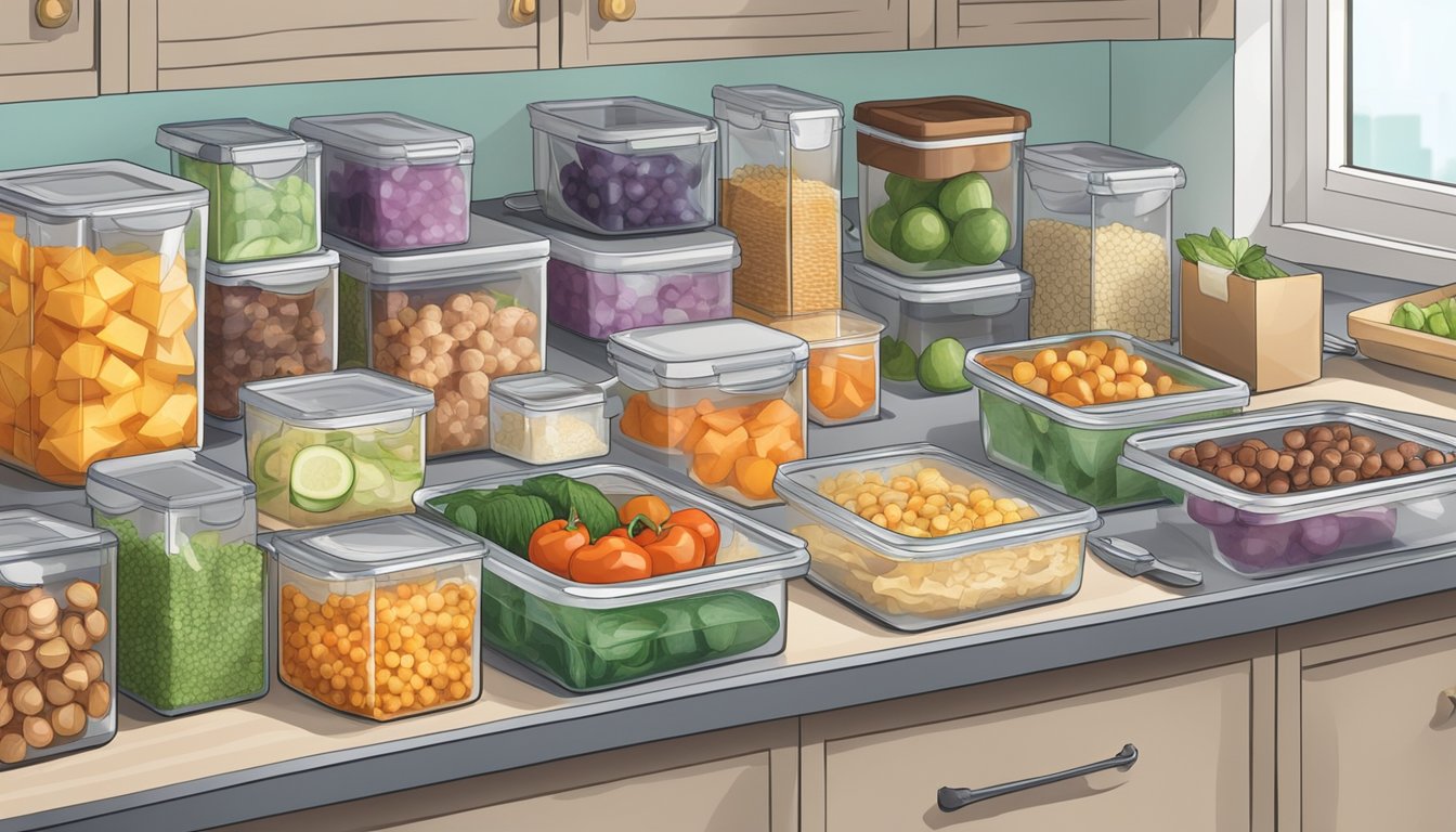 A kitchen counter with neatly organized containers of prepped food, surrounded by various packaging materials and storage solutions