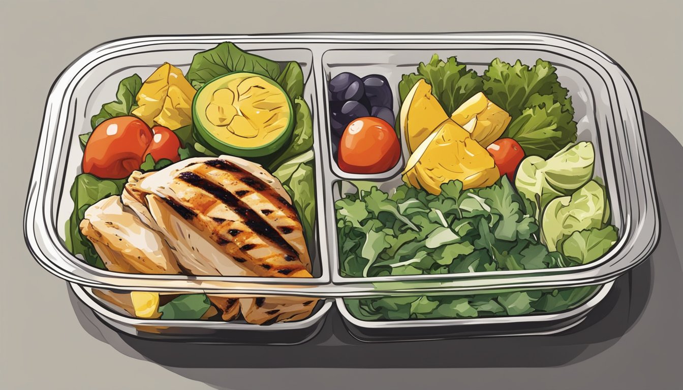 A colorful plate with grilled chicken, mixed greens, and assorted vegetables, neatly arranged in a meal prep container