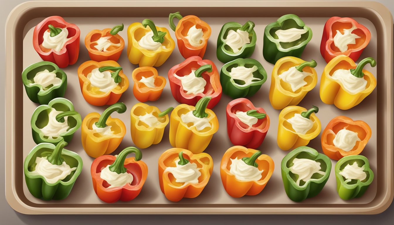 A colorful array of bell peppers, sliced and stuffed with creamy cheese filling, arranged on a baking sheet