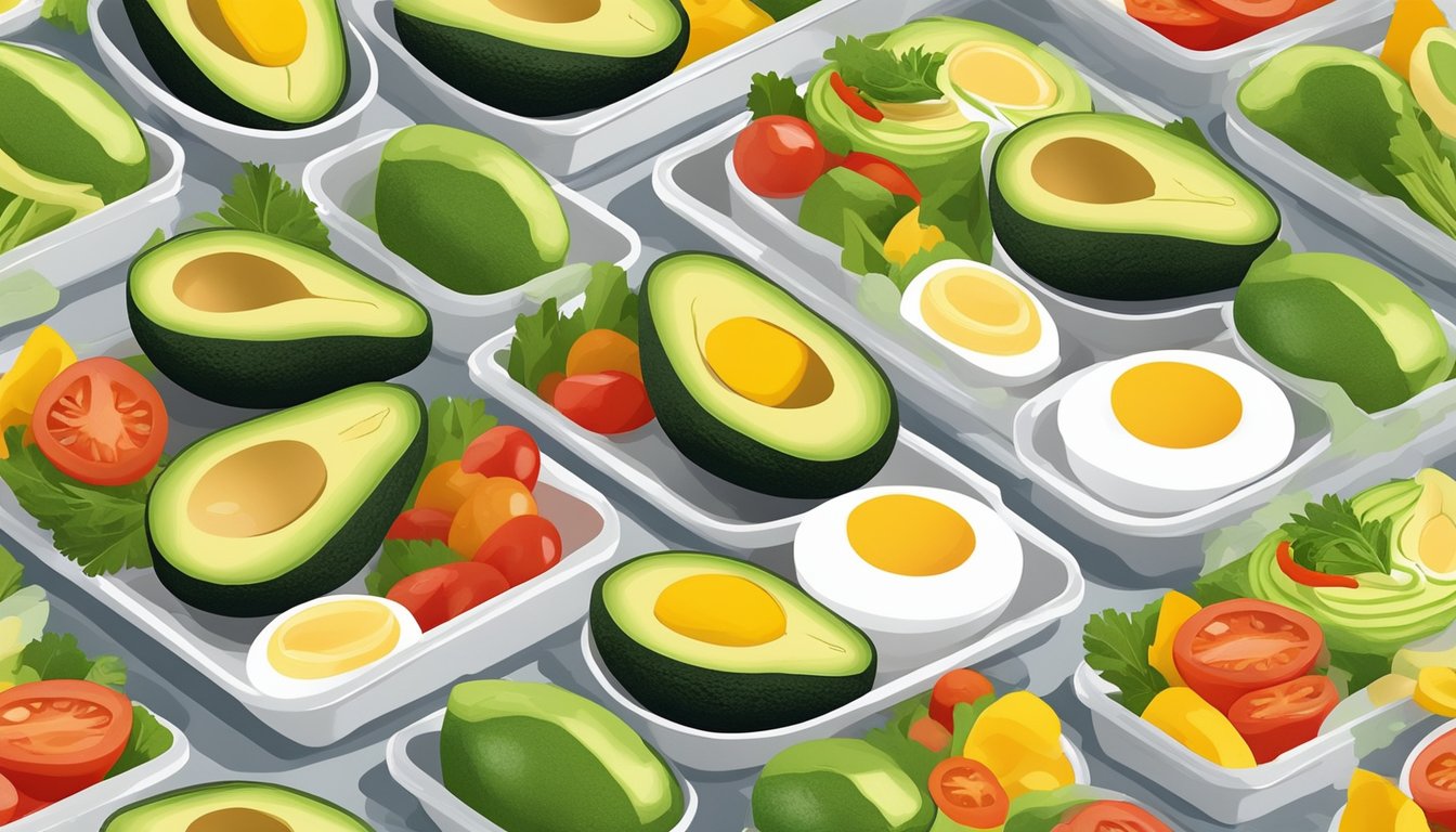 A colorful array of fresh avocado, hard-boiled eggs, and vibrant vegetables arranged on a clean, white meal prep tray