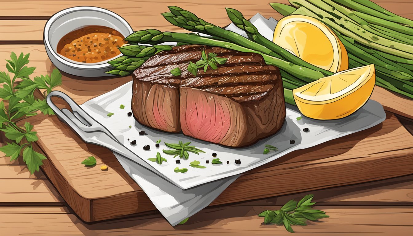 A sizzling filet mignon rests beside grilled asparagus on a wooden cutting board, surrounded by fresh herbs and seasonings