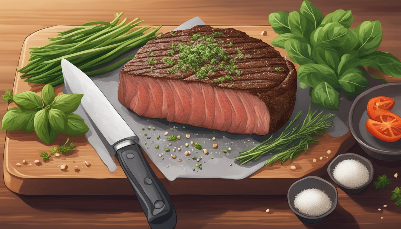 A juicy sirloin steak covered in a flavorful herb crust sits on a cutting board surrounded by fresh herbs, garlic cloves, and a sprinkle of salt and pepper