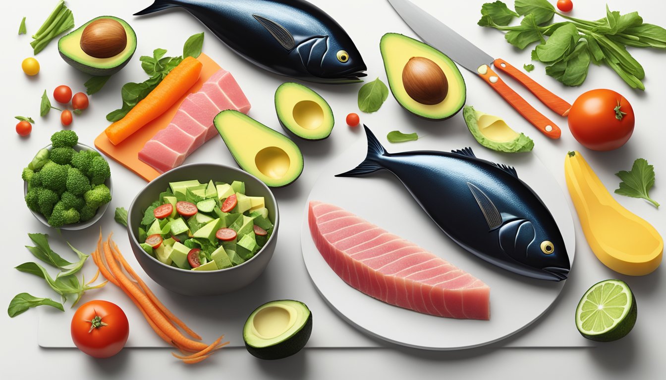 A colorful array of fresh tuna, ripe avocados, and vibrant vegetables arranged on a clean, white cutting board