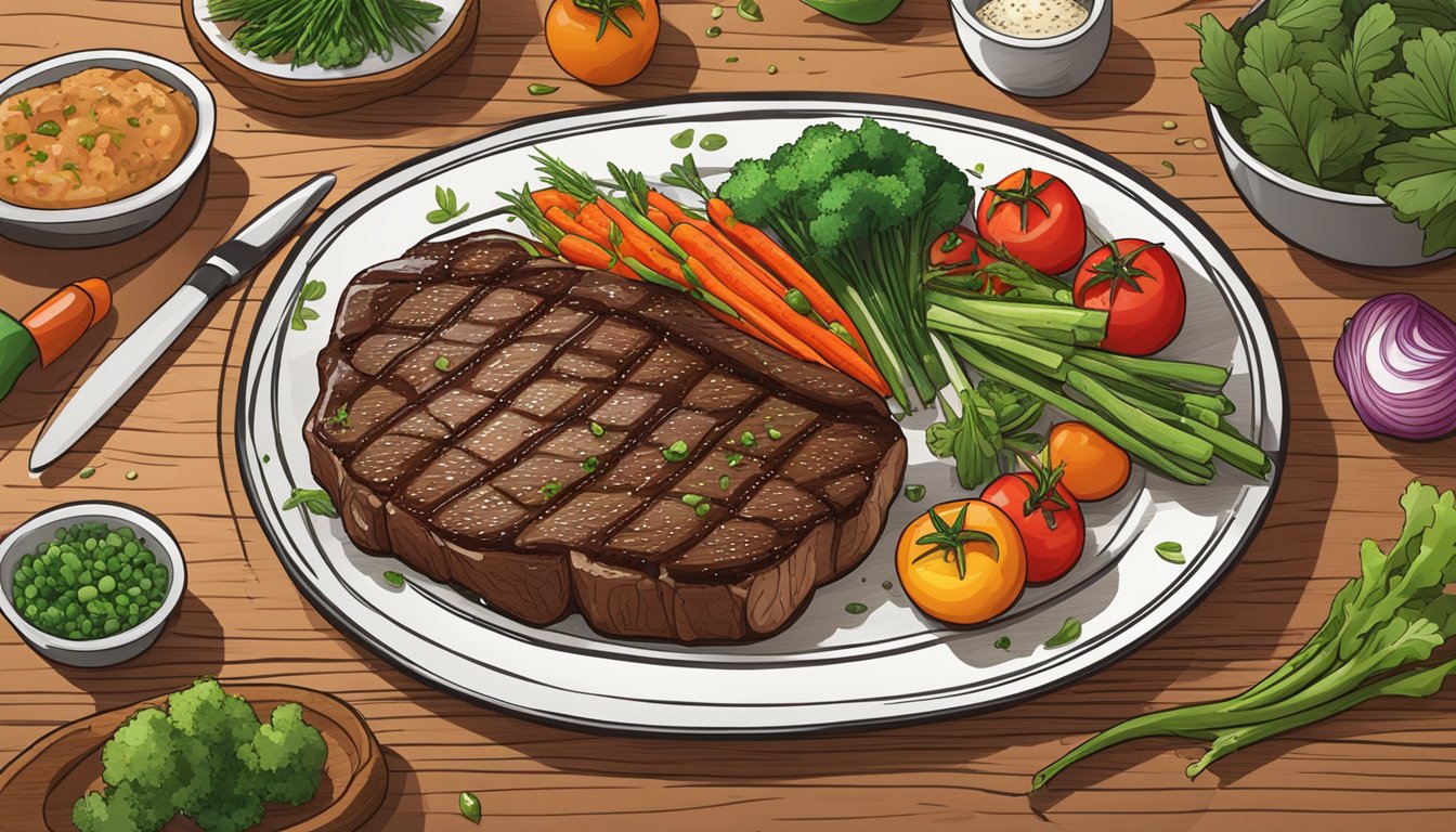 A sizzling ribeye steak with a soy garlic glaze, surrounded by vibrant vegetables and herbs on a wooden cutting board