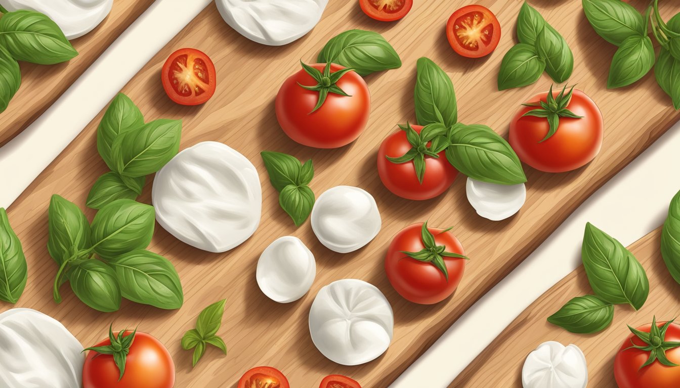 A simple wooden cutting board with fresh tomatoes, mozzarella, and basil leaves arranged neatly for a Caprese salad