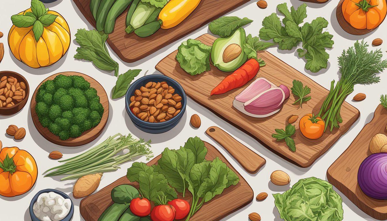 Fresh vegetables, lean meats, and nuts arranged on a wooden cutting board, surrounded by colorful spices and herbs. A variety of meal prep containers are neatly stacked nearby