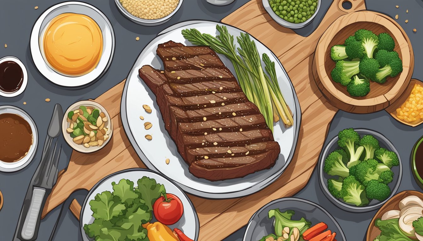 A sizzling flat iron steak sizzling on a grill, brushed with a glaze of ginger and soy sauce, surrounded by colorful meal prep containers filled with fresh vegetables and grains