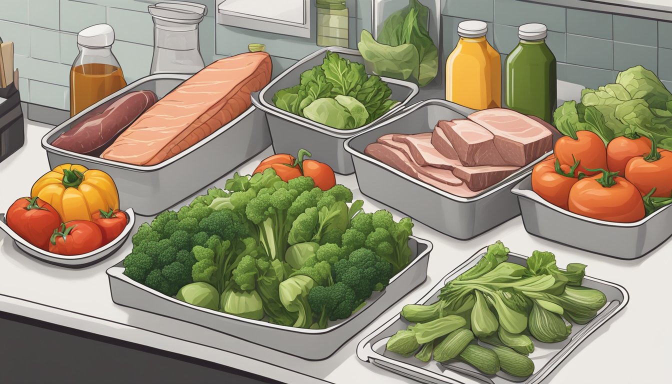 A variety of fresh vegetables, lean meats, and healthy fats arranged on a clean, organized kitchen counter for meal prep