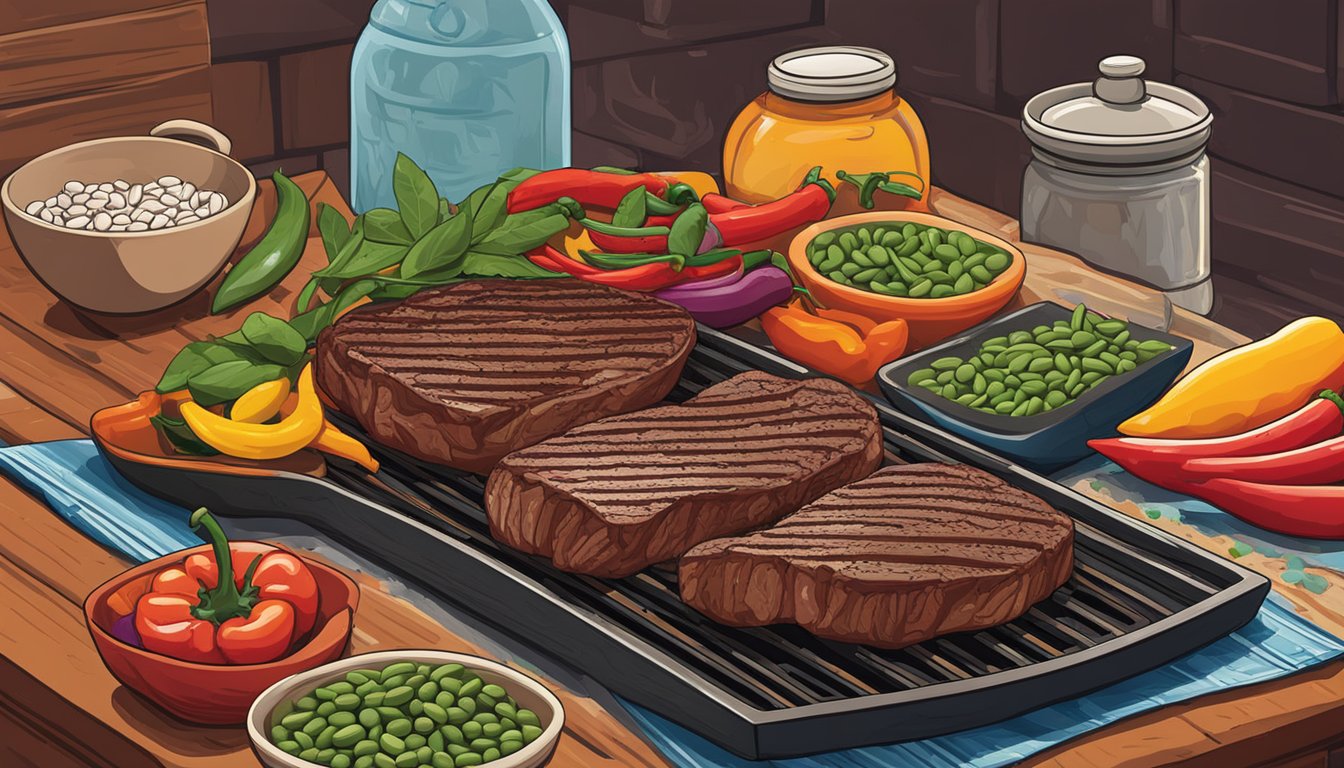 A sizzling steak sits on a grill next to a colorful array of beans, peppers, and spices, ready to be prepped for a Southwestern-inspired meal