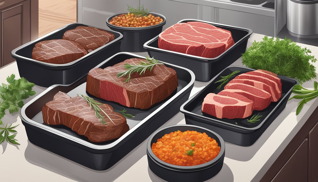 Various cuts of steak neatly arranged in airtight containers, surrounded by fresh herbs and spices on a clean, organized kitchen counter