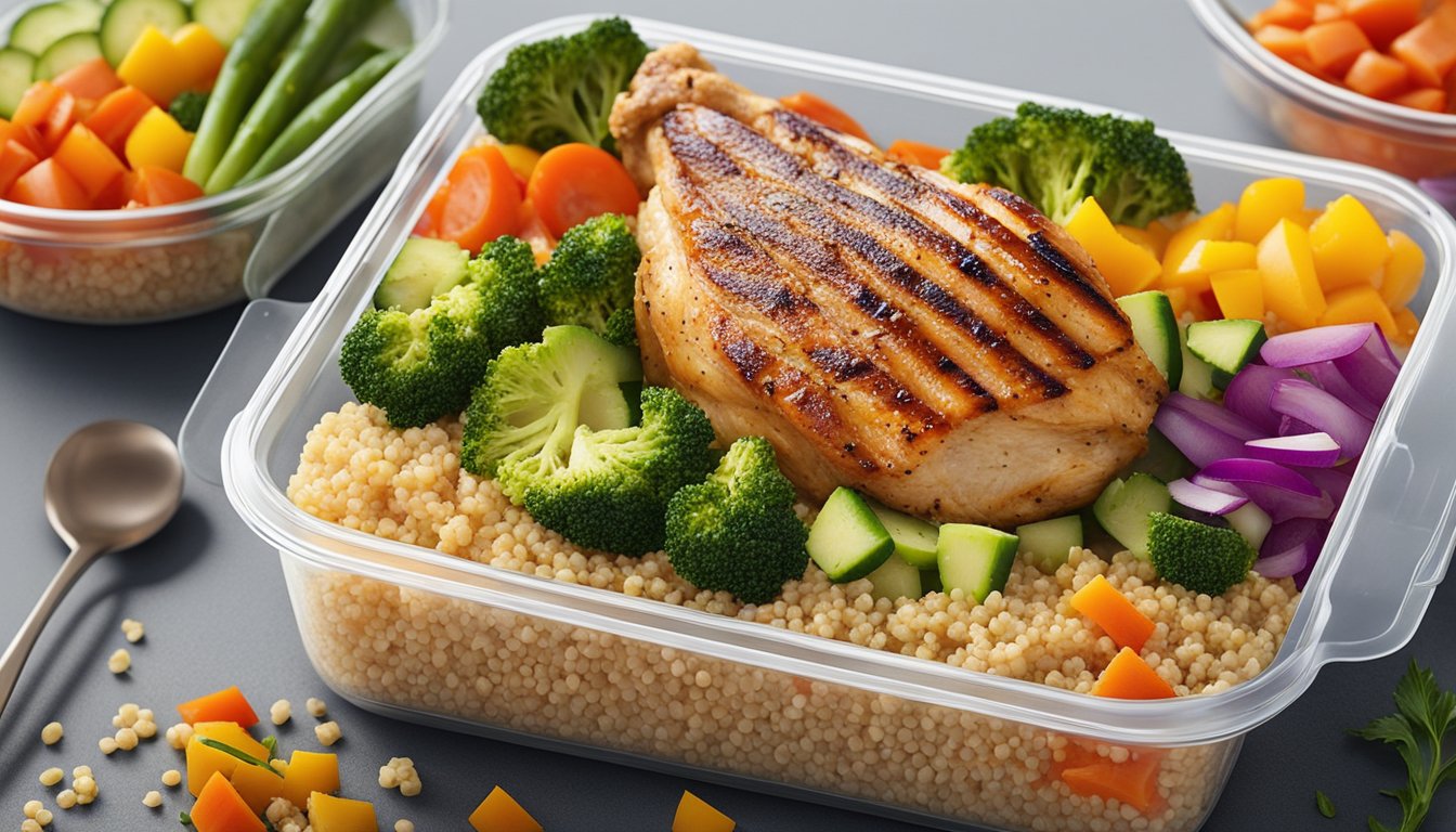 A grilled chicken breast sits on a bed of quinoa, surrounded by colorful steamed vegetables and neatly arranged in a meal prep container