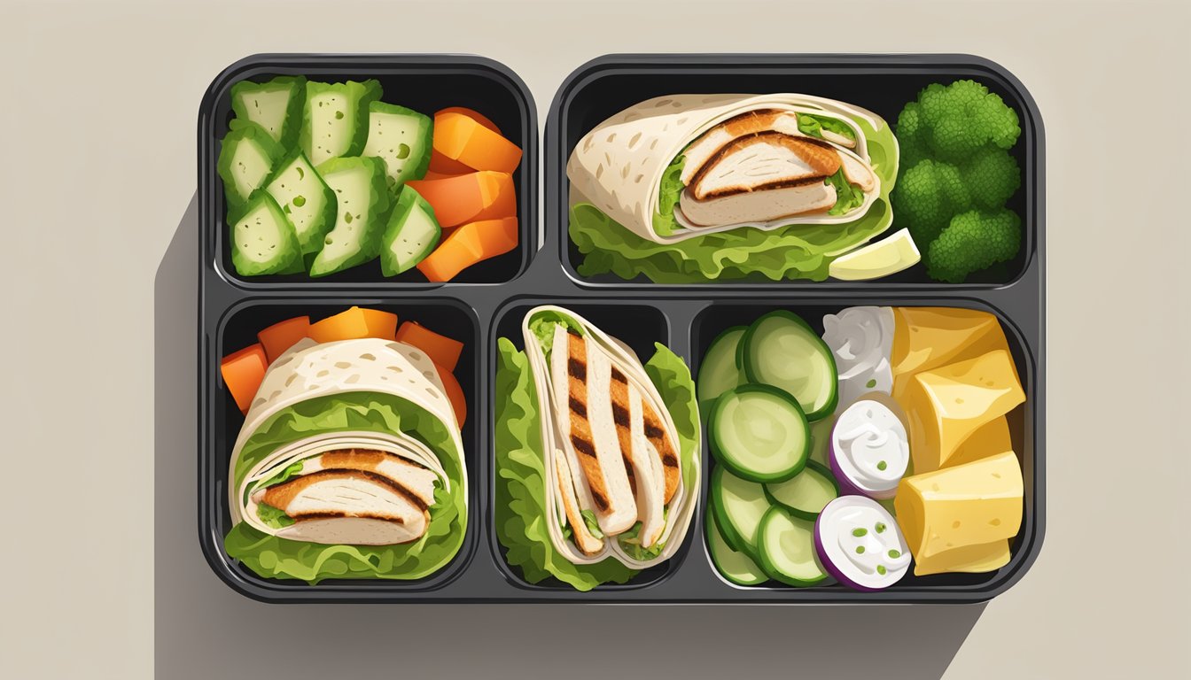 A neatly arranged meal prep container with a grilled chicken Caesar wrap, a side of fresh vegetables, and a small container of Caesar dressing