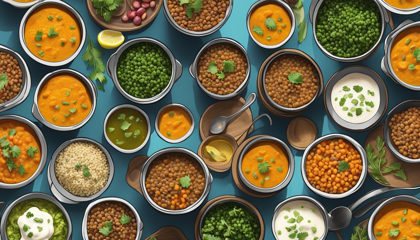 A colorful array of prepped lentil and sweet potato curry meals neatly arranged in individual containers, ready for a week's worth of work lunches