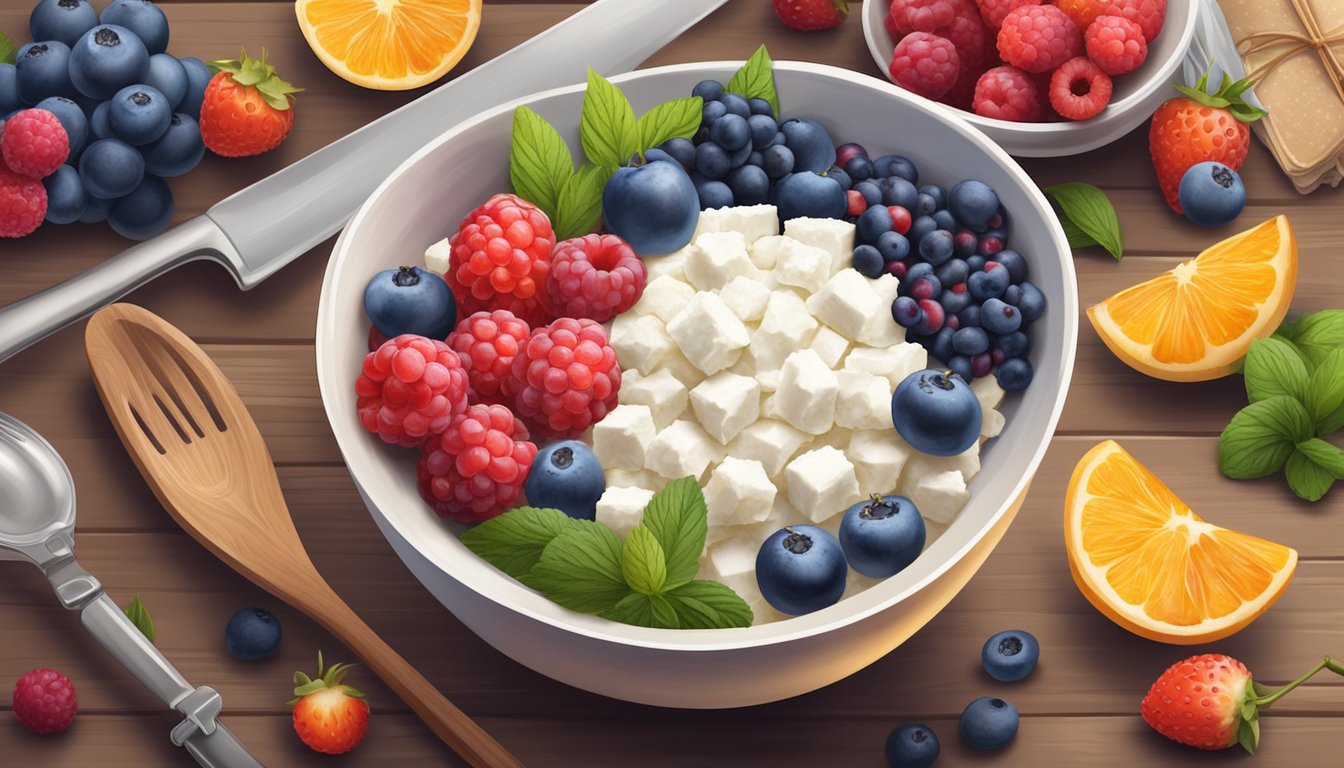 A bowl filled with cottage cheese and a colorful assortment of fresh berries sits on a wooden table, surrounded by ingredients and kitchen utensils